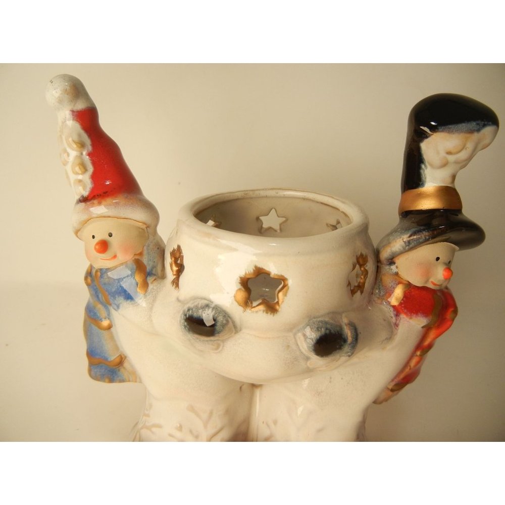 Holiday snowmen votive candle holder, 2 snowmen holding votive, luminary 6" X 5
